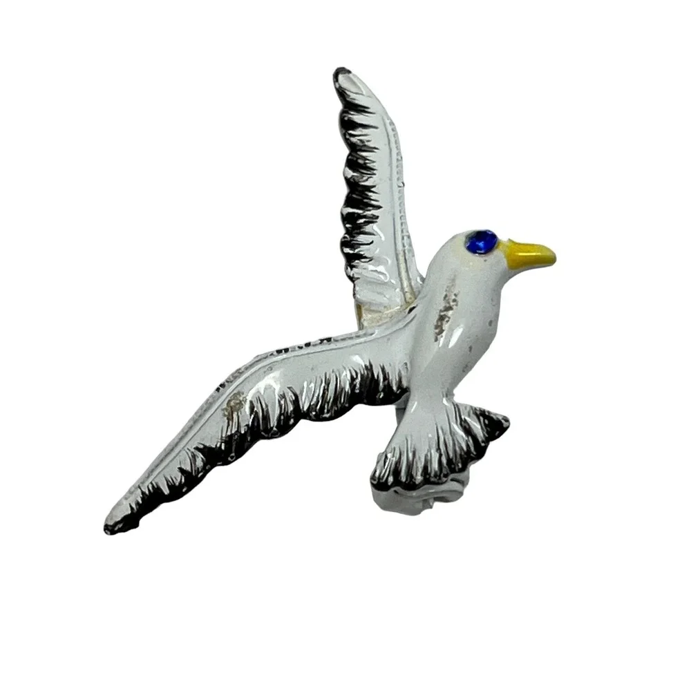 Vintage Gerrys Seagull Brooch White‎ Enamel Blue Crystal Eye Pin